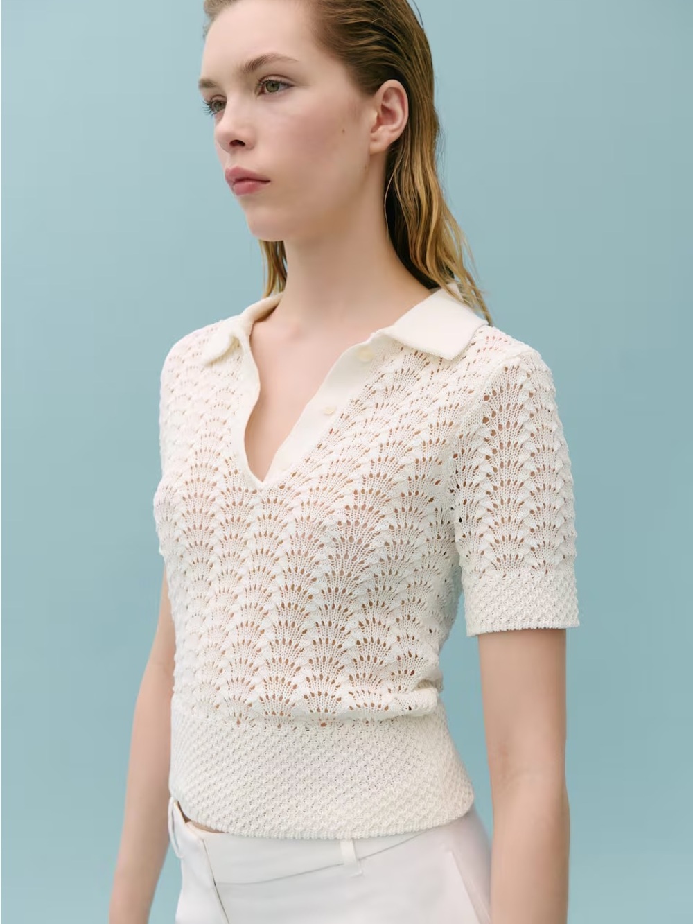 Victoria Beckham x Mango Cream Open Knit Polo Sweater Top Size Small